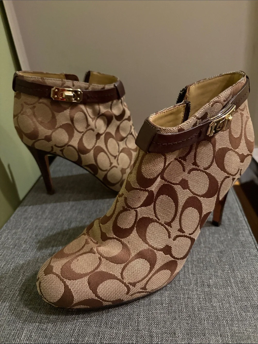 Coach Tan and Brown Signature Canvas Ankle Booties